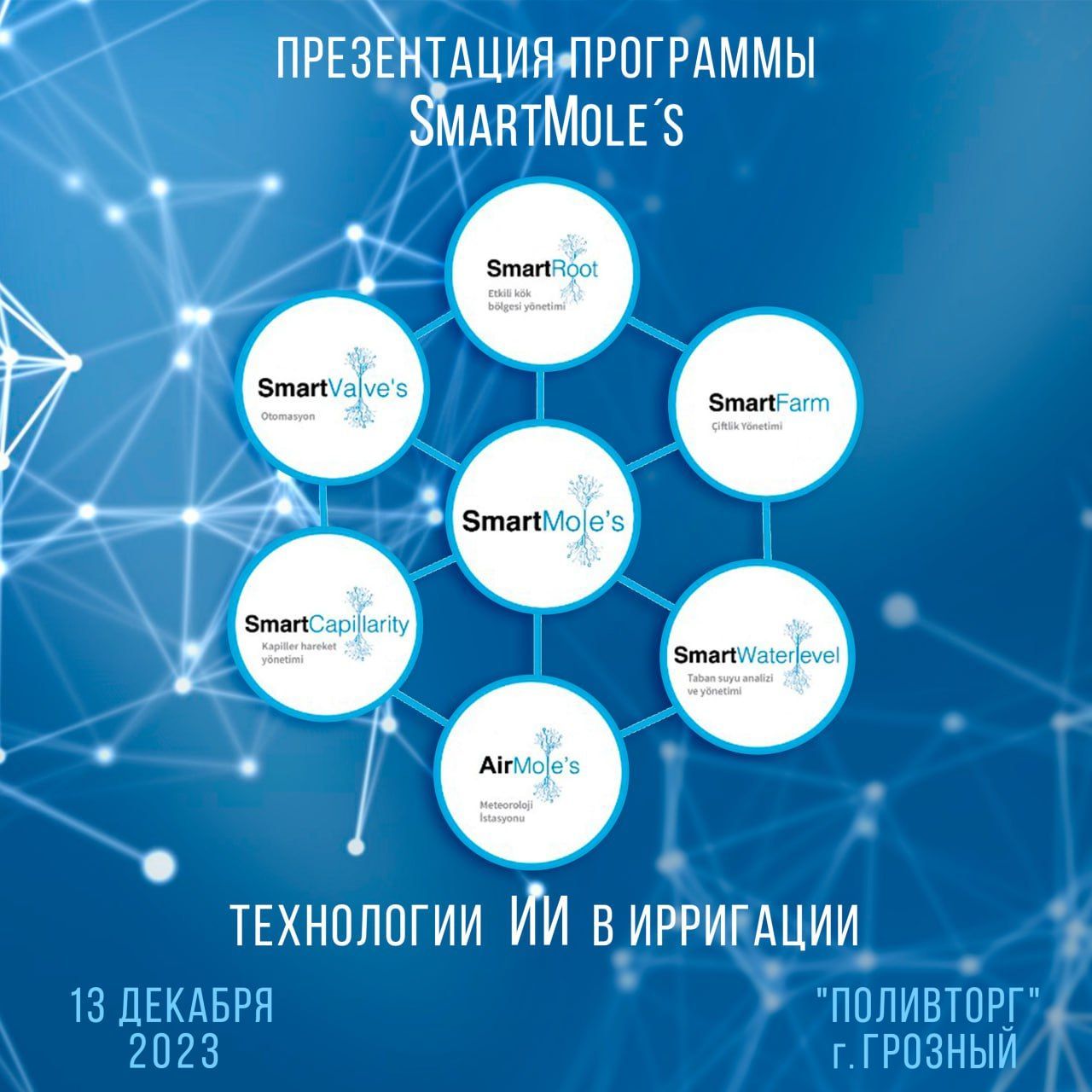Компания «ПОЛИВТОРГ» приглашает посетить презентацию нового программного продукта «SmartMolе’s», который представляет собой профессиональную систему автоматического управления поливом в аграрном секторе.